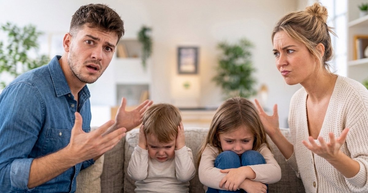 Two separated parents look confused and frustrated while their young children sit between them, covering their ears